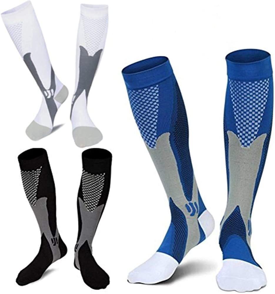 3 Pares de Calcetines de Compresión Mujer Hombre, Calcetines Largos de Compresión Graduada Calcetines Deportivos de Compresión Aptos para Deportes,Fútbol,Running Aptos para Pantorrillas Anchas