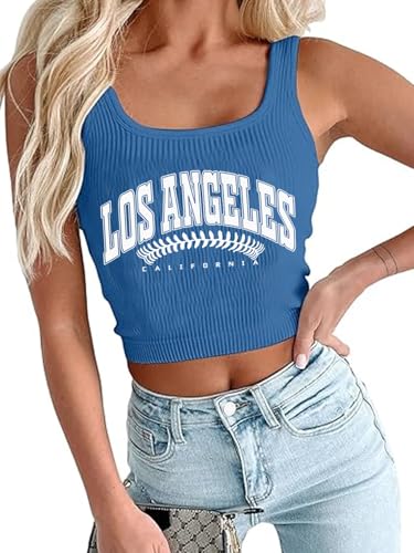 Baseball Tank Top Women Baseball Mom Crop Top Sport Team Fans Knit Shirts Softball Sleeveless Crop Tops Blue