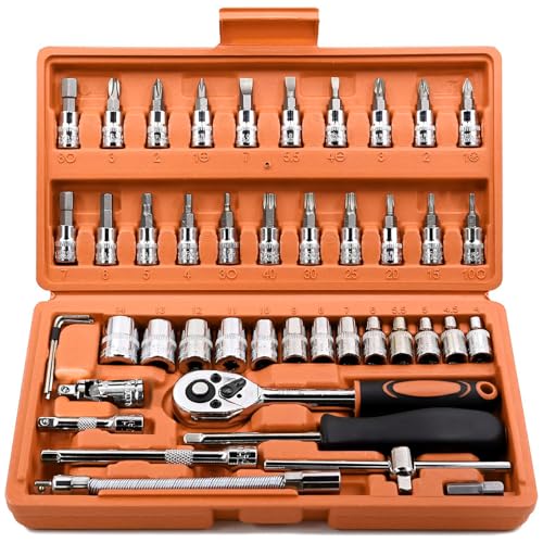 Image of Egofine 46 Pieces 1 /4 inch Drive Socket Ratchet Wrench Set, with Bit Socket Set Metric and Extension Bar for Auto Repairing and Household, with Orange Storage Case