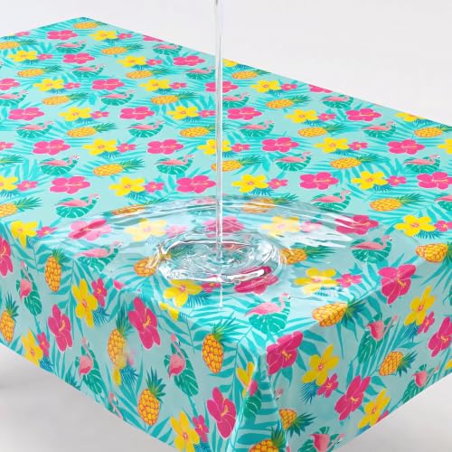 Image of Exquisite Summer Luau Table Cover 6 Pack 54 in. x 108 in. Rectangle Plastic Tablecloth Disposable Table Covers for Hawaiian Tropical Aloha Tiki Flamingo Pineapple Beach Pool Party Supplies