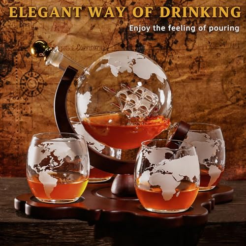 Image of Globe Whiskey Decanter Set with 4 Glasses 850ml, Dad Gifts for Men Him Husband, Fathers Day Anniversary Birthday Gift for Brother Grandpa, for Liquor Bourbon Scotch Whisky
