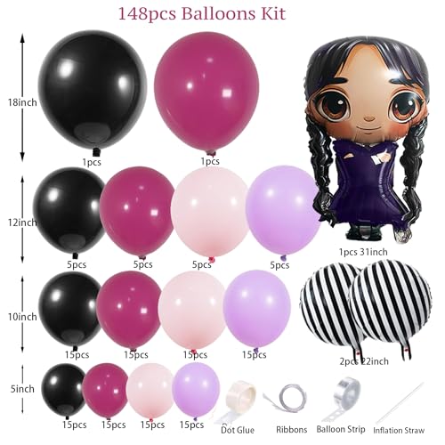 Image of 148pcs Purple Black Hot Pink Balloon Arch Kit for Gothic Birthday Decorations, Dark Sweet Party Balloons Garland Set with Striped Foil Balloons for Halloween Baby Shower Girl Party Decor
