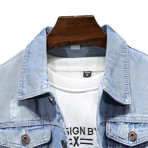 Uillui Mens Classic Blue Denim Jacket, Stylish Western Ripped Distressed Stretch Casual Cowboy Trucker Biker Jeans Jackets2