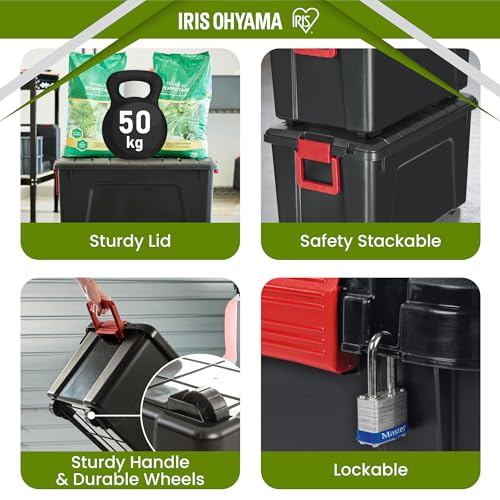 Iris Ohyama, große Kunststoff-Aufbewahrungsbox, 75 l Garagen-Aufbewahrungsbox, 3er-Set, SIA-75, schwarz, stapelbar, Verschlussklammern – B78 x T39,5 x H35 cm