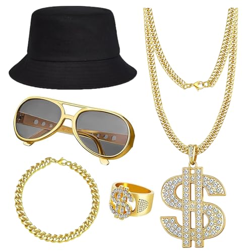HOMBIMOZY 80s 90s Hip Hop Costume Kit Rapper Accessories Outfit Old School Rapper DJ Halloween Themed Party Outfits for Men Women
