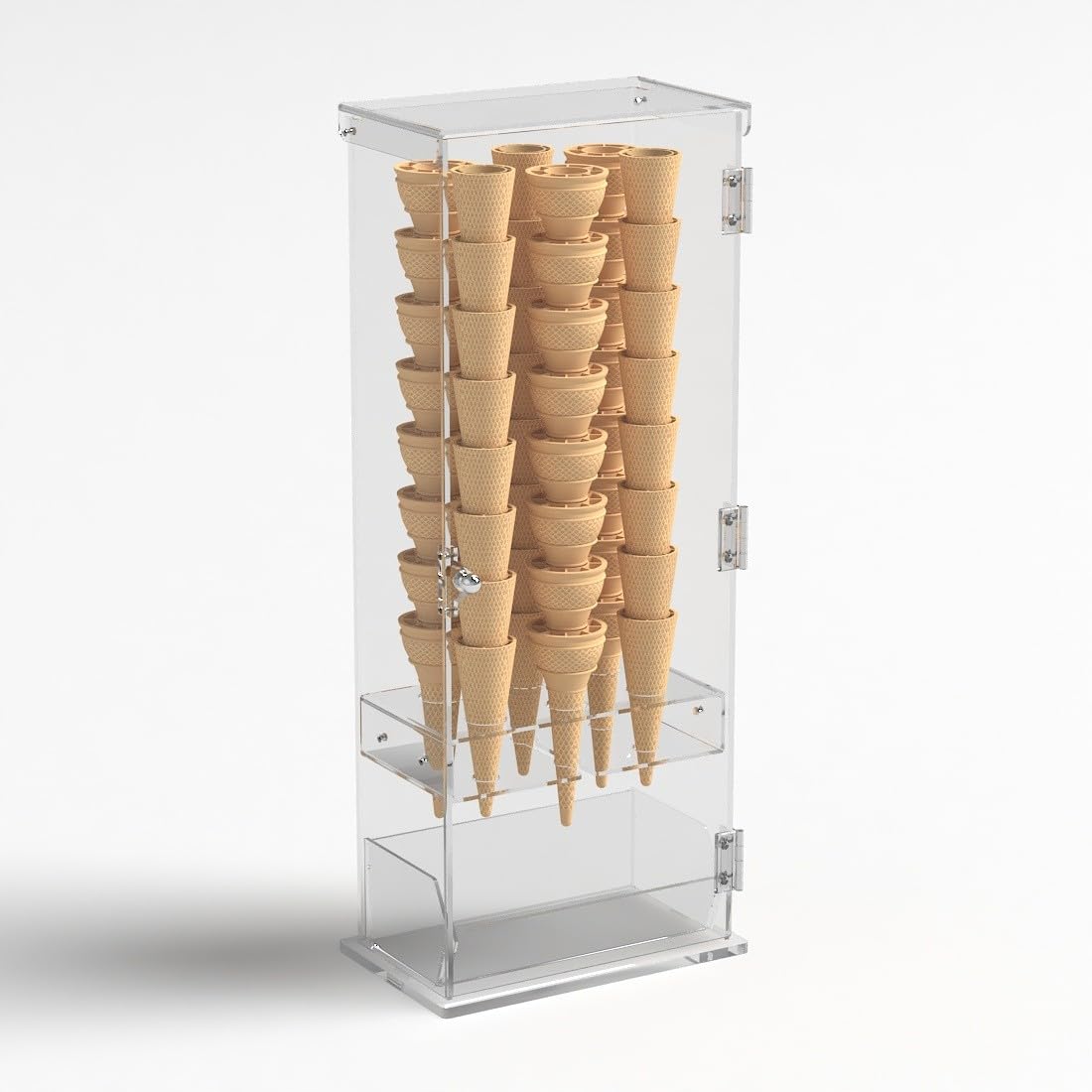 Porta coni gelato in plexiglass trasparente a 6 fori con vaschetta porta cucchiaini e con sportello - Misure: 22 x 13 x H61 cm
