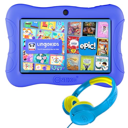 Image of Contixo 7 inch Kids Tablet Bundle - Ages 3-7, Android Tablet and Kids Headphones, Toddler Tablet with 14+ Games and Educational Apps, 32GB ROM, Android 11, Learning Tablet for Kids - Dark Blue