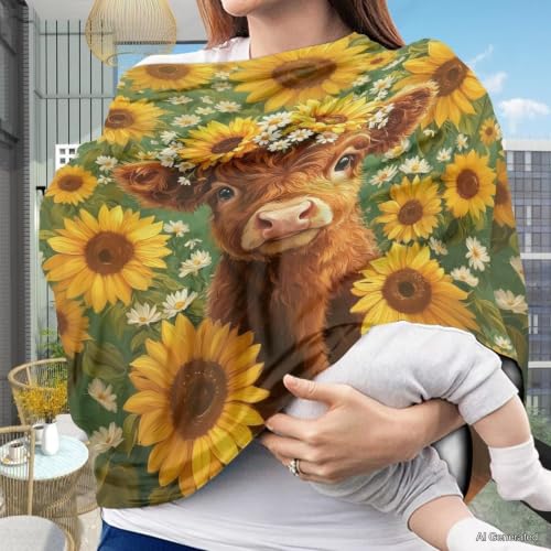 Image of Wanyint Stretchy Baby Car Seat Cover Nursing Breastfeeding Shopping Cart High Chair Stroller Covers Infinity Scarf Car Seat Canopies, Highland Cow Sunflower Green