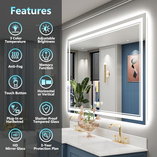 Image of 60x30 LED Bathroom Mirror with Lights, Backlit and Front Lit Anti-Fog Lighted Vanity Mirrors for Bathroom Wall, Dimmable, 3-Color Light, Memory, Shatter-Proof, HD Tempered Glass, CRI>90