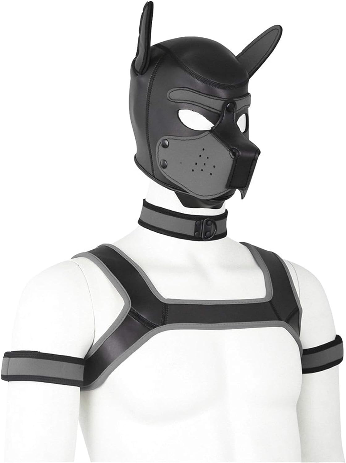 jecrizy 4 Sets Neoprene Puppy Hood Animal Head Mask Novelty Costume Dog (Hood Mask + Collar + Armband + Harness) (Large, Gray)