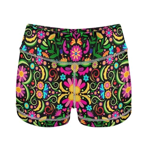 Dreaweet Hippie Flower Biker Shorts High Waisted Yoga Shorts with Pockets for Women 10 inch Running Volleyball Workout Gym Shorts for Summer,Size XS