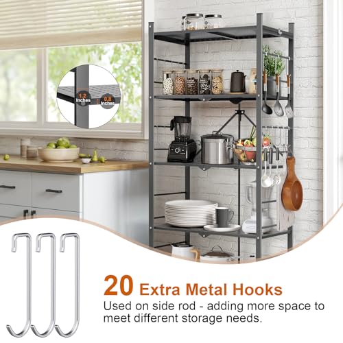 Image of Himix 5-Tier Foldable Storage Shelves with 20 Hooks Wheels Grey Display | Folding shelving units, Metal collapsible organization, Wire shelf, No assembly, Bookshelf, Kitchen, Home rack, Holds 440 Ibs