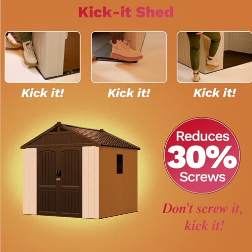 Image of Patiowell 8 x 8 FT Plastic Outdoor Storage Shed with Floor, Resin Shed with Window and Lockable Door for Garden, Backyard, Tool Storage Use, Easy to Install in Beige (Kick-it Shed)