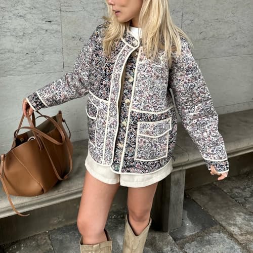 Women Floral Print Cropped Puff Jacket Long Sleeve Button Down Cardigan Y2K Lightweight Patchwork Padded Coat4