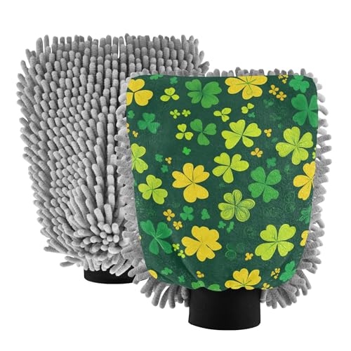 St.Patrick Green Shamrocks Car Wash Microfiber Mitt 2 Pack Car Clean Gloves Scratch-Free Detailing Clean Rag for Cleaning Wash