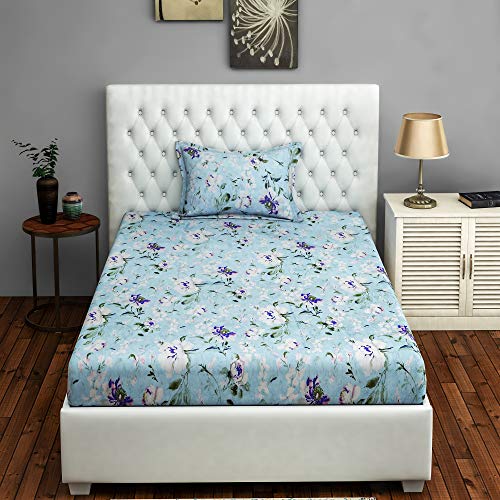 Image of Swayam Roto Cotton Single Bedsheet with 1 Pillow Cover | Size 60 x 90 inch | 144 TC | Floral Design | Soft Breathable Bed Sheet | Comfortable & Durable for Bedroom - Blue