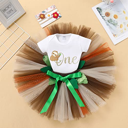 ODASDO Sloth Outfits For Baby Girl 1st First Birthday Cake Smash Jungle Safari Themed One Year Old Party Photo Shooting Toddler Kids Zoo Animal Print Romper Tutu Skirt Headband Set Brown Sloth 12-18M