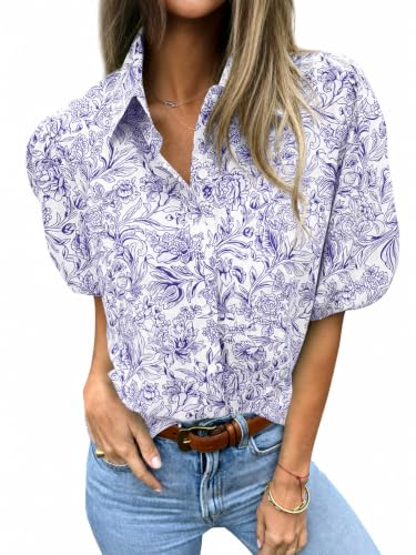 Image of Tankaneo Womens Button Down Shirts Puff Sleeve Tops Summer Cotton Blouses