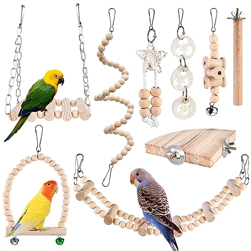 Vegena Lot de 9 Jouets pour Oiseaux - Bascule, Cage, Accessoire à Mâcher, Plateforme en Bois pour...