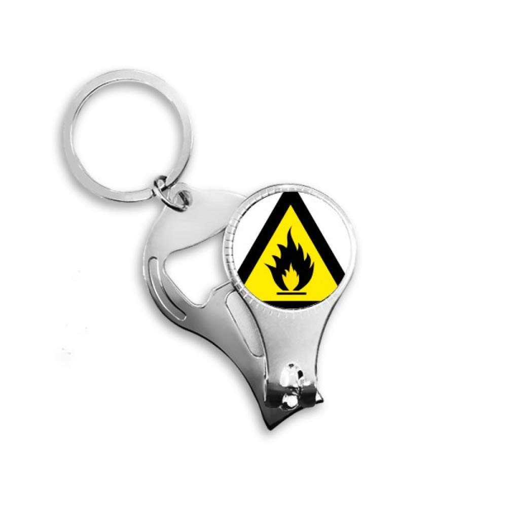 Warning Symbol Yellow Black Fire Triangle Nail Nipper Ring Key Chain Bottle Opener Clipper