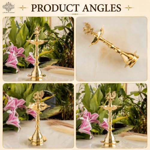 Image of Indian Art Villa Brass Stand Pillar Diya with Kerala Murga Design, Traditional Brass Oil Lamp for Pooja, Diwali, Home Temple, Mandir Decor, Festive Lighting & Spiritual Gifting, 10 Inch