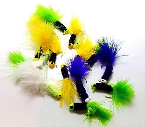 RAH Crappie Jigs (10 & 20 Packs) Assorted Colors - Lead Head Hook With Marabou & Chenille For Bass Pike Walleye Fishing Jig With Feather - Fishing Hard Lure Accessory - Ice Fishing Jigs