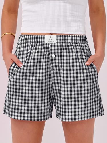 ANRABESS Boxer Shorts for Women Gingham Pajama 2025 Summer Casual Lounge Sleep Plaid Shorts Y2K Beach Bottoms2