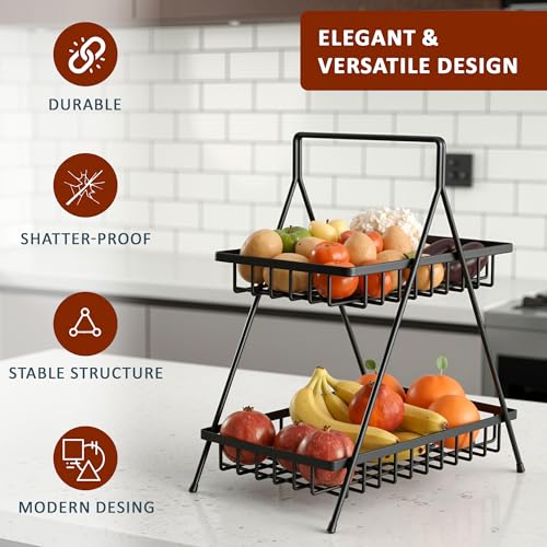 Image of Kuber Industries Metal 2 Tier Fruit & Vegetable Basket for Kitchen | Dining /Kitchen Rack /Countertop Organizer | Multipurpose Storage Stand | Black
