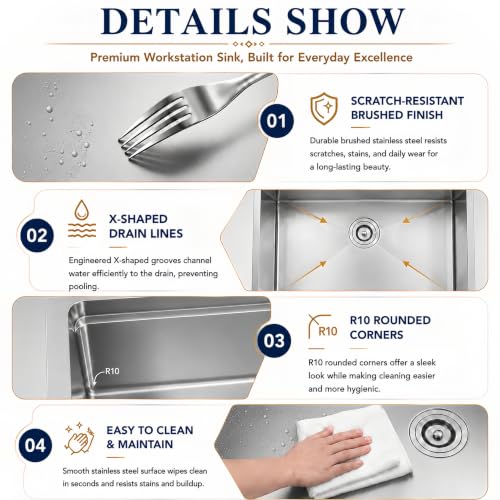 Image of LQS 32 Inch Undermount Kitchen Sink, 32 inch x 19 inch Stainless Steel Kitchen Sink, Undermount Sinks, Handmade Deep Single Bowl Sinks with R10 Round Corner and Abundant Accessories