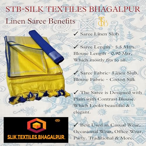 Image of STB-SILK TEXTILES BHAGALPUR Women's Linen Slub Saree With Contrast Blouse Piece