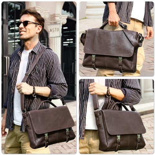Image of Top Grain Litchi Leather 16.2 inch Laptop Briefcase Crossbody Handbag, Vintage Handmade & Adjustable Strap, Fits to MacBook Pro 16.2 inch M1 Max 15 inch Touch Bar 16 inch Pro & A4 /A5 Paper, Coffee 16.2 Inch