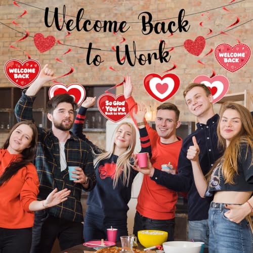Image of Welcome Back To Work Decoration Banner So Glad You're Back To Work Banner and Hanging Swirls for Office Party Supplies - Black Red