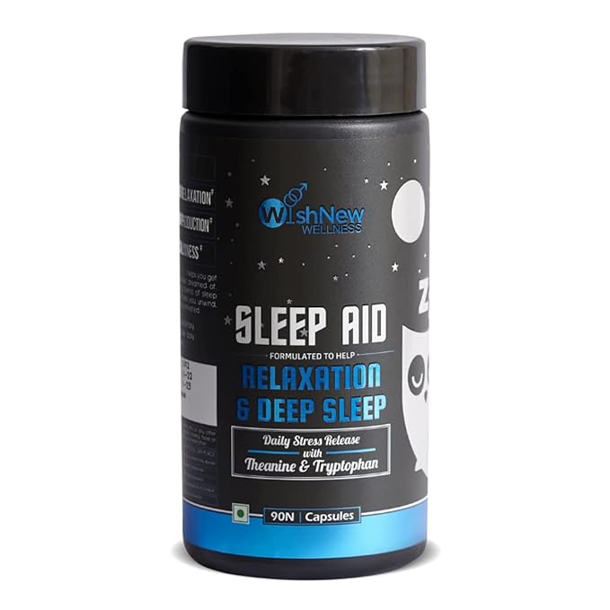 WishNew Wellness Sleep Aid Supplement for Relaxation and Deep Sleep | Melatonin Stress Relief Tablets formula with Theanine, and L-Tryptophan | 11 Natural Ingredients for Waking up Refreshed | No side effects | 90 capsules at Rs. 1199