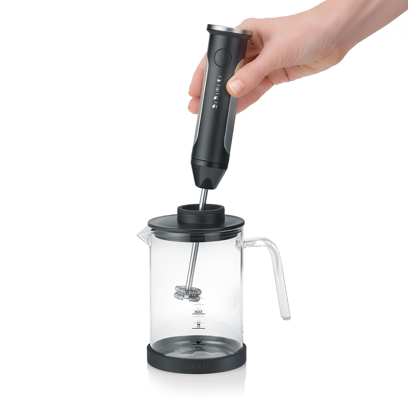 Espumador de leche sin cable GRAEF MS202EU Negro, agitar, espumar y mezclar, jarra de leche de cristal, manejo sencillo e intuitivo con un solo botón, 4 funciones, fácil de manejar con un solo botón