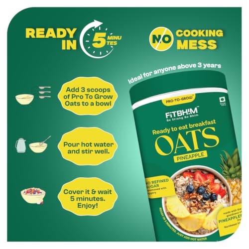 Image of ProToGrow Ready to Eat Pineapple Oats | No Refined Sugar - 300g | Healthy Instant Breakfast for Kids 3+ | Gluten Free | High Protein & Fibre | 19 Vitamins & Mineral | Real Pineapple, Jaggery