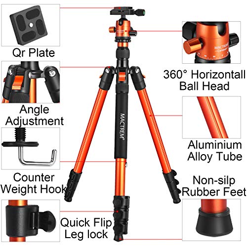 MACTREM Professional Camera Tripod with Phone Mount, 62" DSLR Tripod for Travel, Super Lightweight and Reliable Stability, Ball Head Tripod Detachable Monopod with Carry Bag (Orange) - Thumbnail 2