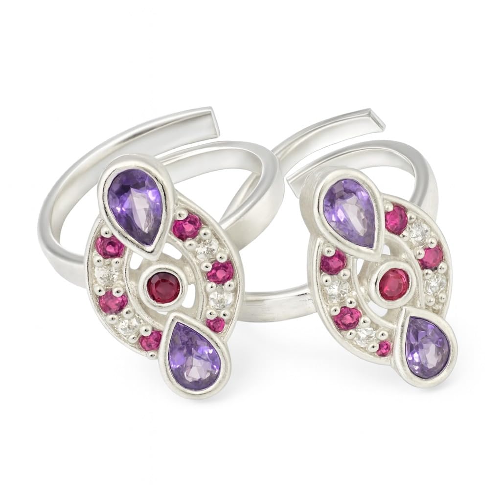 lbv 925 sterling silver Paisley Toe Rings for Women with Purple and Pink Stones | Adjustable and Comfortable Boho Toe Ring | Ethnic & Casual Wear Foot Jewellery-picture-15