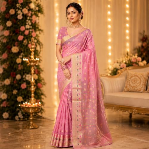 Image of Sarees for Women Wear Organza Silk Banarasi Sari Kanjivaram Pure Paithani Wedding Original Kanchipuram Pattu Sadi with Blouse Piece 2026 (KeriFlower)