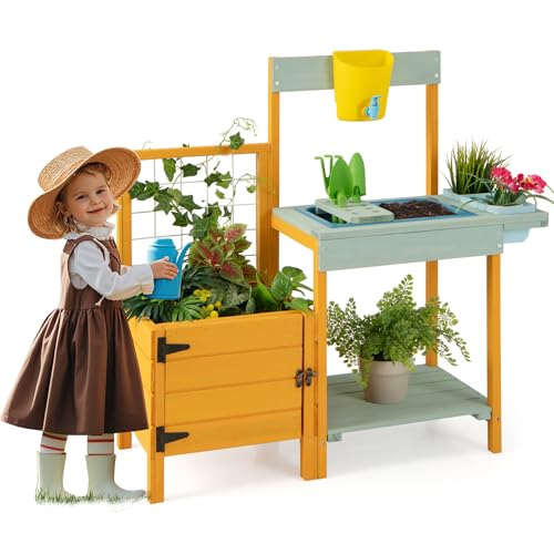 HONEY JOY Kids Potting Bench Table, Fir Wood Outdoor Play Kitchen for Toddler, Transparent Root Viewer Window & Garden Trellis for Climbing Plant, Water Sink Garden Tools, Mud Kitchen for Kids Outdoor