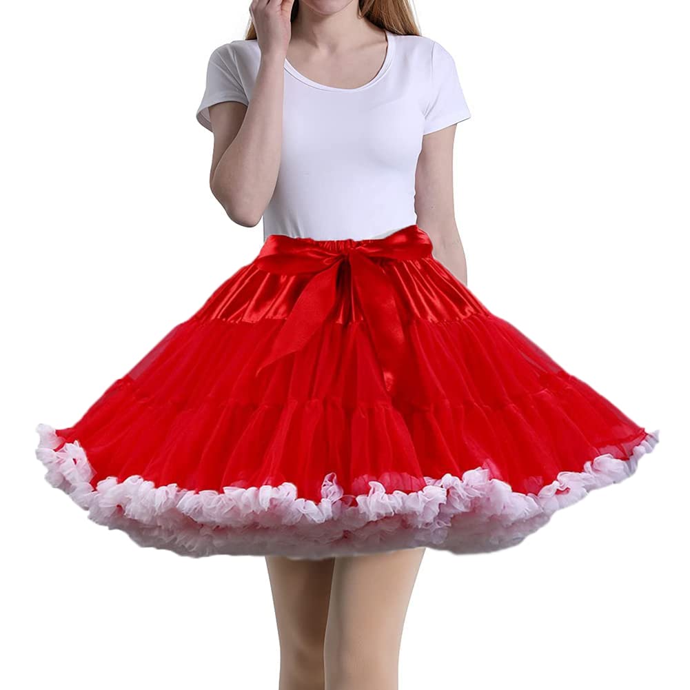 Tmade Women's Redwhite Tulle Petticoat Tutu Party Multi-Layer Puffy Cosplay Skirt, Length 40Cm, Waist 56-100Cm