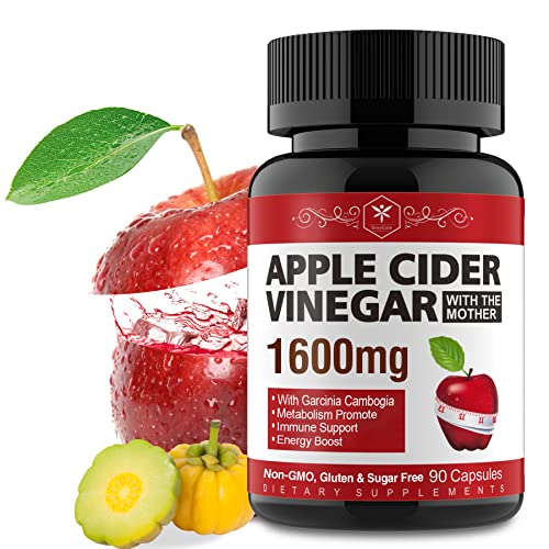 Garcinia Cambogia Extract Capsules, Apple Cider Vinegar Capsules with Mother, High Potency - for Energy Levels, Improves Immunity, Boosts Metabolism, Vegan, Non-GMO, Gluten & Sugar Free, 90 Capsules