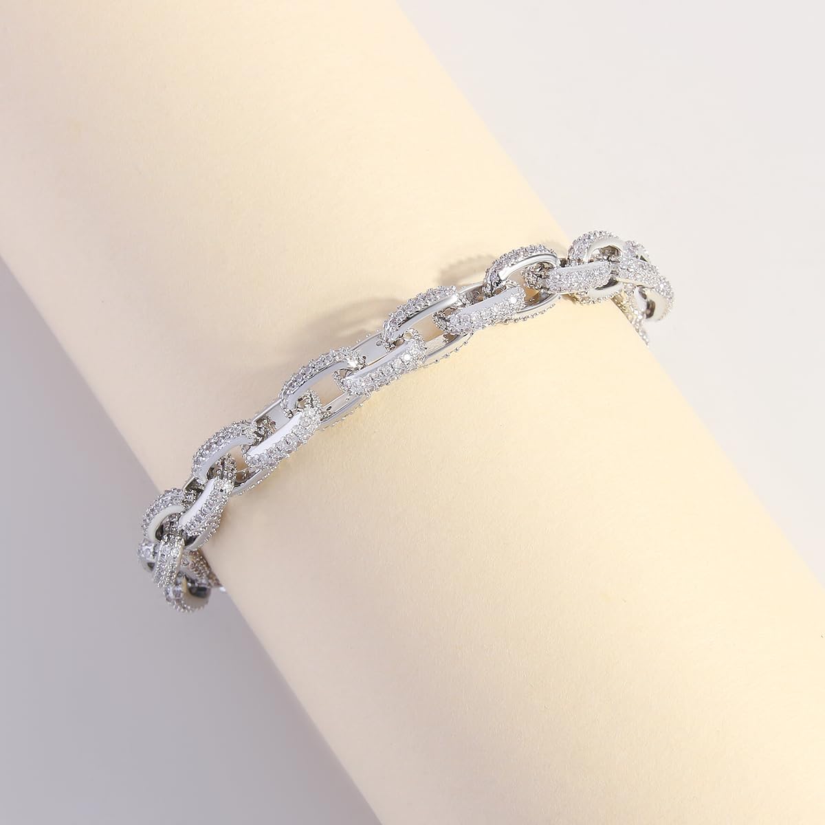 Silver Plated White Cubic Zirconia Pave Bracelet,Bling CZ O-chain Hip Hop Cuban Bracelets Tennis Bracelet for Women Men Jewelry,7.2" - Image 7