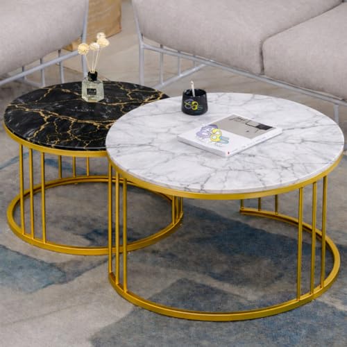 Image of Coffee Table Round Sofa Small Side Table Nesting Table, Modern Negotiation Table Combination Table, Suitable for Living Room Bedroom Side Table (Golden Black White)