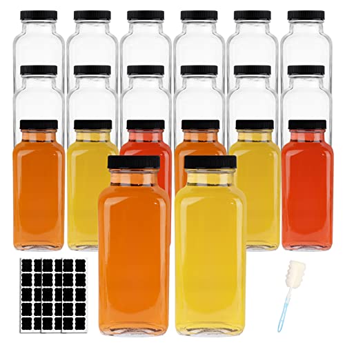 HINGWAH 12 OZ Glass Drink Bottles, Set of 20 Vintage Glass Water Bottles with Lids, Great for storing Juices, Milk, Beverages, Kombucha and More (Labels and Sponge Brush Included)