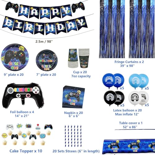 Hegbolke Fournitures de fête de Jeu vidéo - Kit de décoration d'anniversaire de Joueur pour garçons, Comprenant Assiettes, Tasses, Serviettes, Vaisselle, nappes, bannière - pour 20 Personnes – vue 6