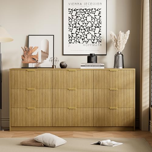 Image of Furniway Mid Century Modern Dresser for Bedroom, 9 Drawer Wood Dresser with Fluted Front and Smooth Slides, 63 inch Wide Chest of Drawers, Natural Oak