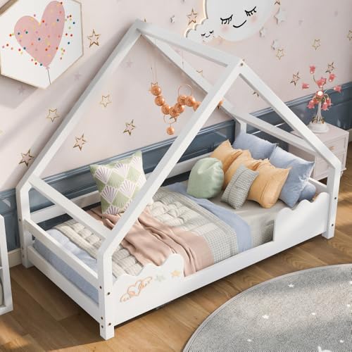 OCACA Cama infantil de 90 x 200 cm, con protección anticaídas, cama infantil, cama de juegos, cama de madera maciza en blanco