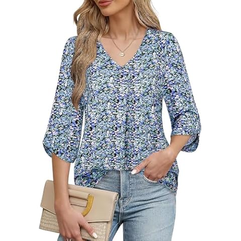 Bulotus 3/4 Sleeve Tops for Women, Blouses for Women Business Casual V Neck Work Shirts Professional Tops Loose Fit Tunics or Tops to Wear with Leggings Bell Sleeve Fall Casual Tops, Blue Flower, L Cover