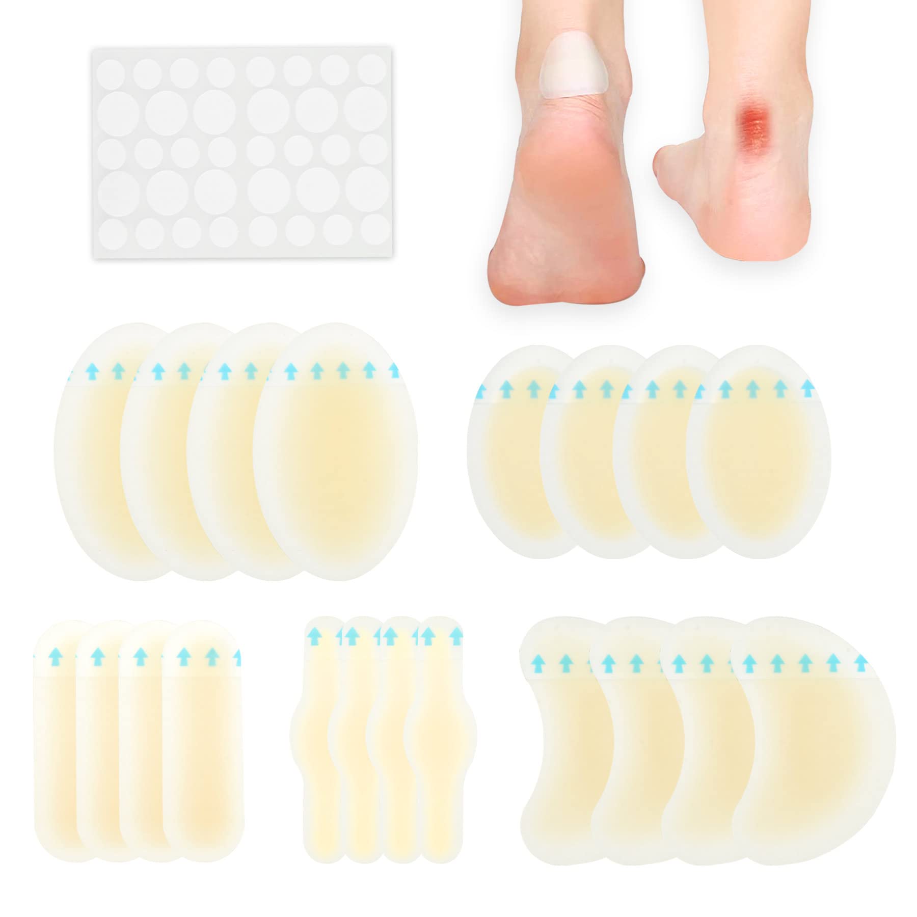 Blister Bandages - 20 PCS Gel Blister Cushion - Waterproof Hydrocolloid Bandages for Foot,Toe & Heel Blister Prevention & Recovery - 5 Size Blister Pads and 36 Dots Acne Plaster,Ultra-Thin
