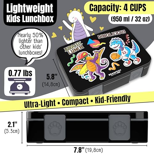 Image of BEARFOOT Kids Lunch Box with Compartments - Compact & Lightweight | Leak-Proof, BPA-Free, Dishwasher Safe | Hand-Drawn Design for Preschool, School, Travel (Dinos Black, 4 Cups) | BPA Free Leakproof Lunch Box with Compartments School & Nursery for Girls & Boys Lightweight & Compact